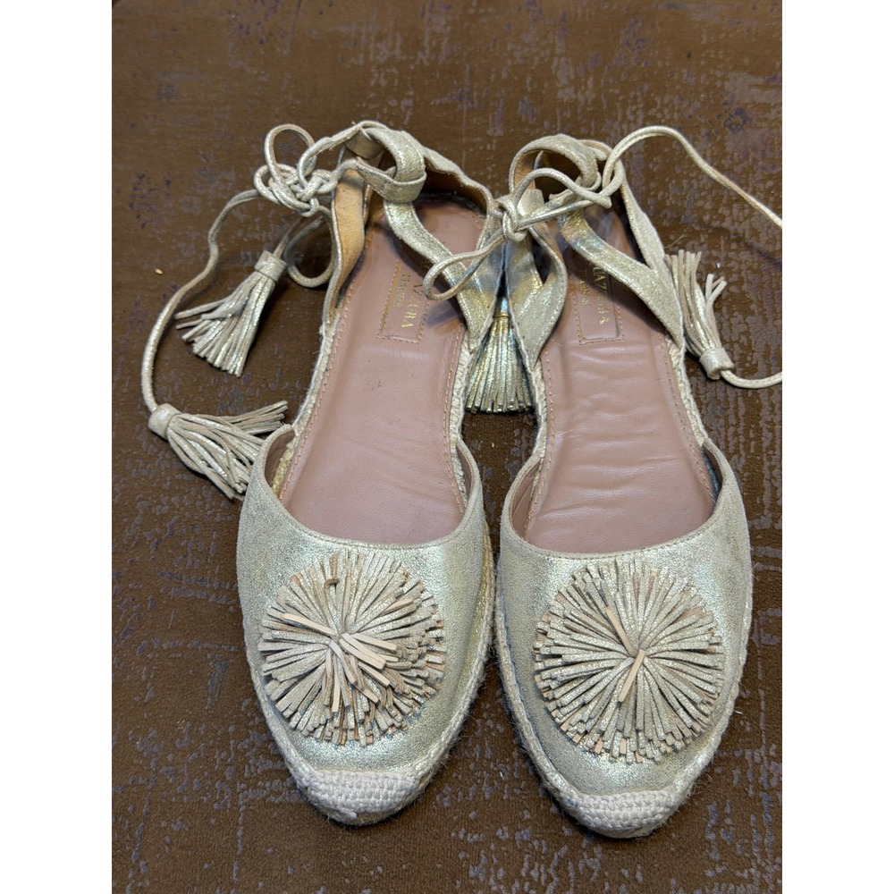 Aquazzura Gold Metallic Pom Pom Tassel Lace Up Espadrille Flats EU 38.5 Spain